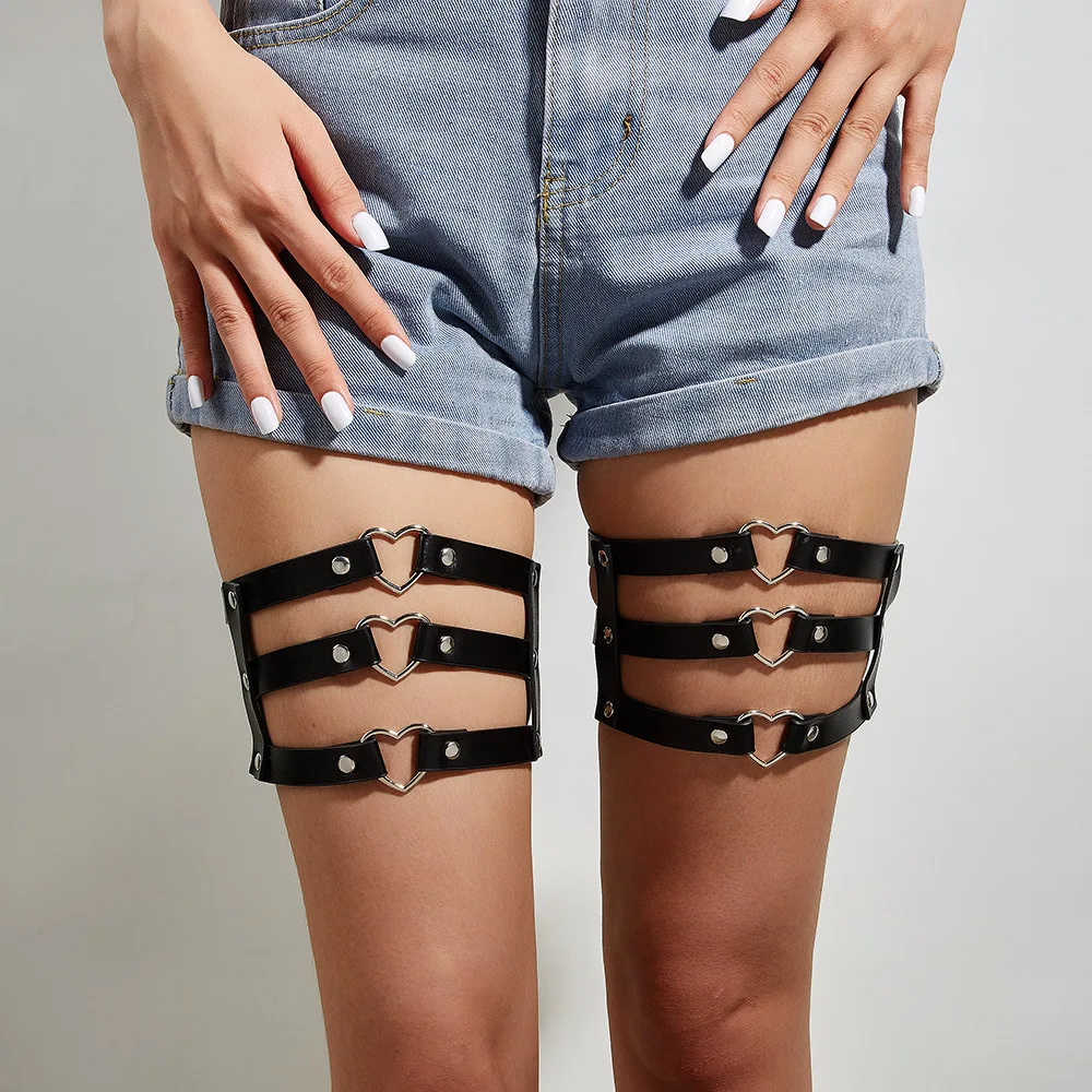 Sexy Leg pu Leather Elastic Metal heart Leg Harness For Women Girls Goth Rivet punk Thigh Garter Belt Body Jewelry