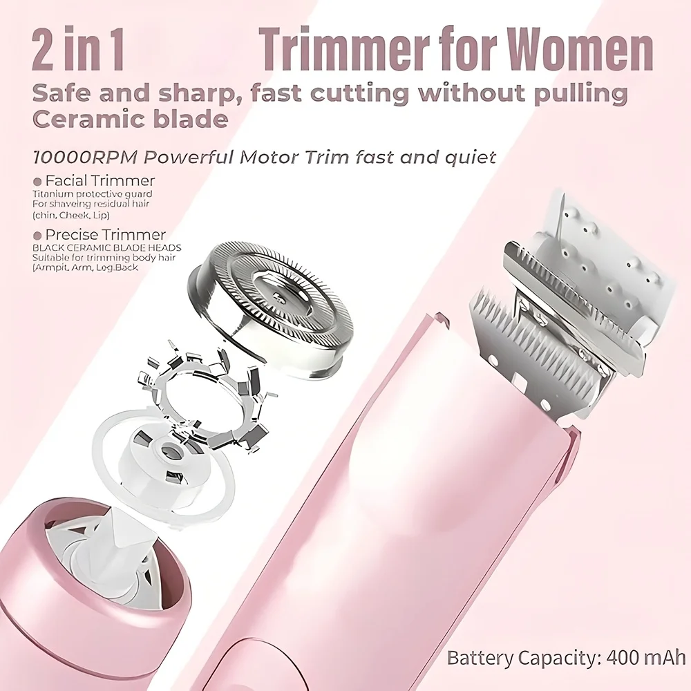 Barbeador feminino de cabeça dupla, aparador de biquíni 2 em 1, barbeador corporal feminino, carga usb, lâminas elétricas indolores, dispositivo de remoção de pele de seda