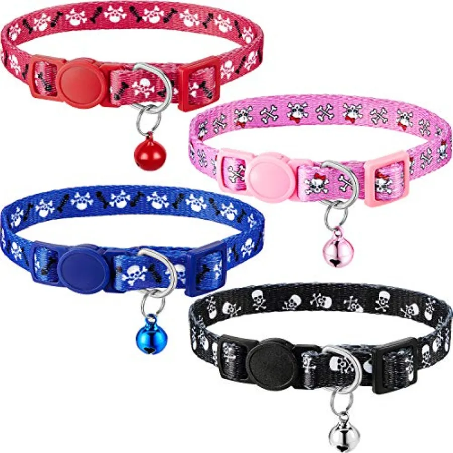4 Pieces Halloween Skull Cat Collar Breakaway Kitten Collars with Bell Ribbodjustable Cat Outfit with Skull Patterns for Kitten