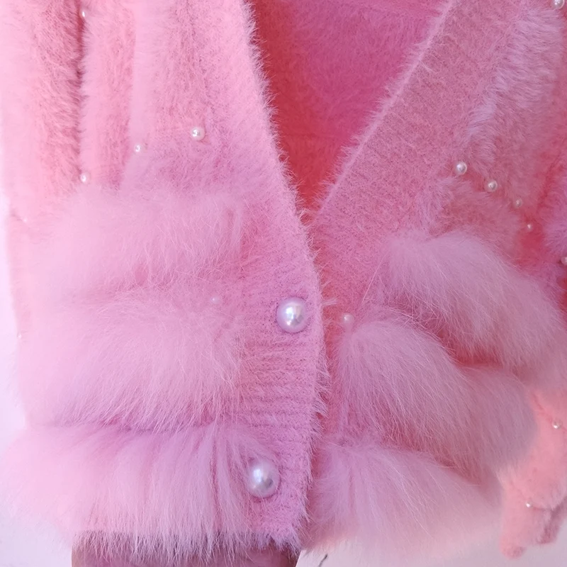 Short Real Fox Fur Trim Knitted Cardigan Sweater With Button Women Autumn V-neck Long Sleeve Knitwear Sweater