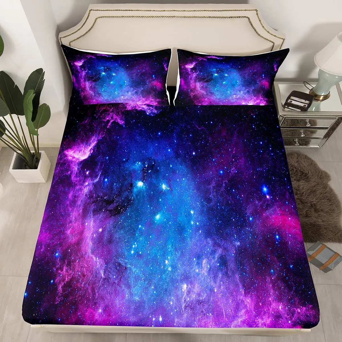 Juego de ropa de cama de galaxia púrpura, bajera sábana de cielo estrellado, diseño de estrellas del universo espacial, suave y transpirable,