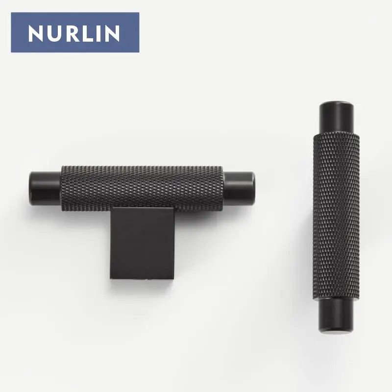 Nurlin Solid Brass Knurling Black Cross Pattern Cabinet Knob Cupboards T-bar Furniture Refrigerator Door Pull Bar Kitchen handle