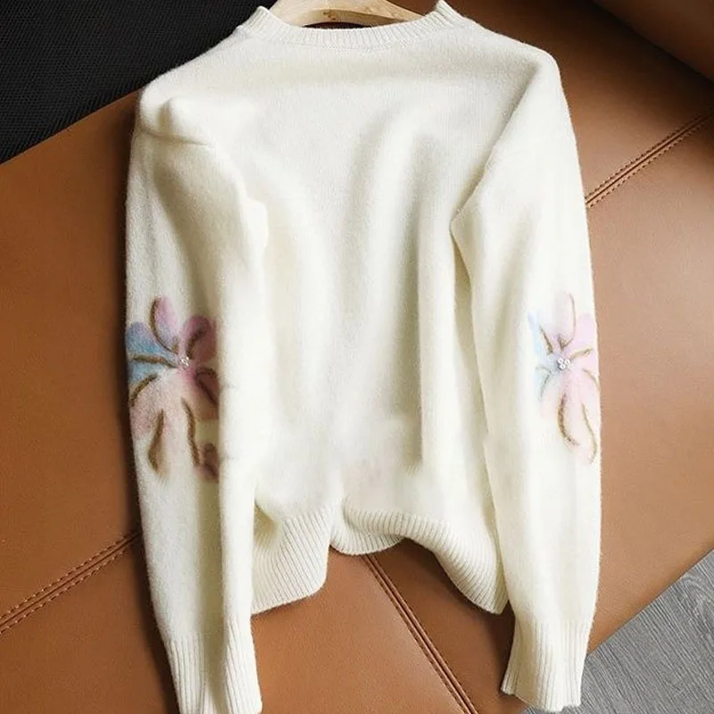 Elegant Fashion Printed Long Sleeve Sweaters Women\'s Clothing Autumn Winter Korean Loose Beading Spliced Short Knitted Tops