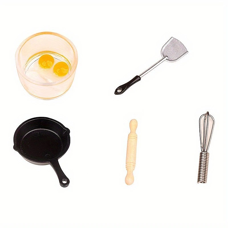 

1set 1:12 Dollhouse Miniature Kitchenware Model Set: Pan, Rolling Pin, Spatula, Egg Beater, Bowl Kitchen Food Play Decoration