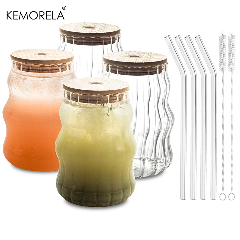 4PCS Ribbed Glass Cups With Straws With Lids Set 18Oz Vintage Drinking Glassware With For Iced Coffee Beverage Milk Cocktails