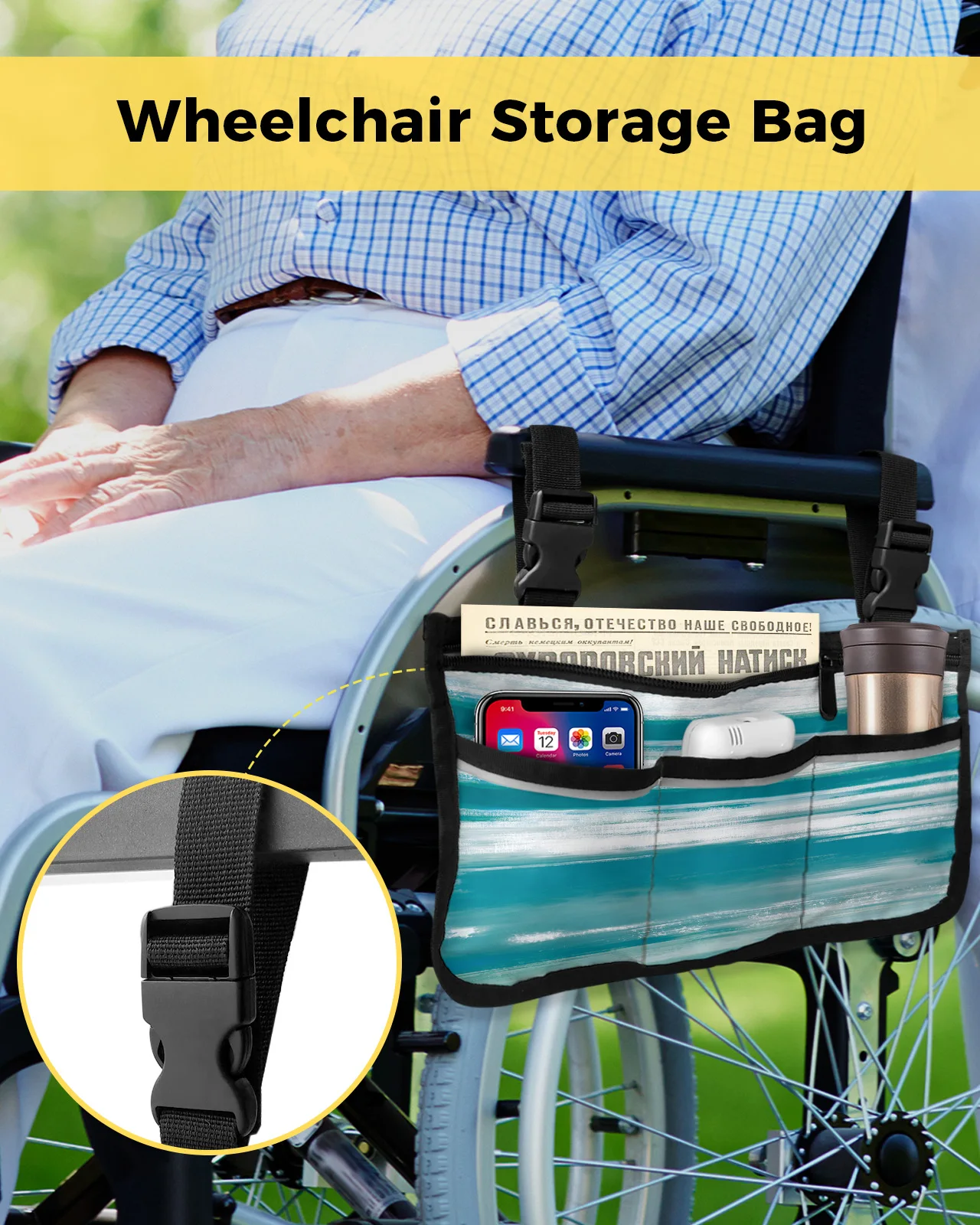 Abstract Cyan Turquoise Texture Wheelchair Bag With Pockets Armrest Side Bags Electric Scooter Walking Frame Storage Pouch