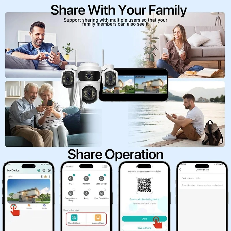 15MP 6K WIFI Security Camera Four Lens Three Screen PTZ Camcorder Human Detection Surveillance HD Wireless Monitor Cam for Home