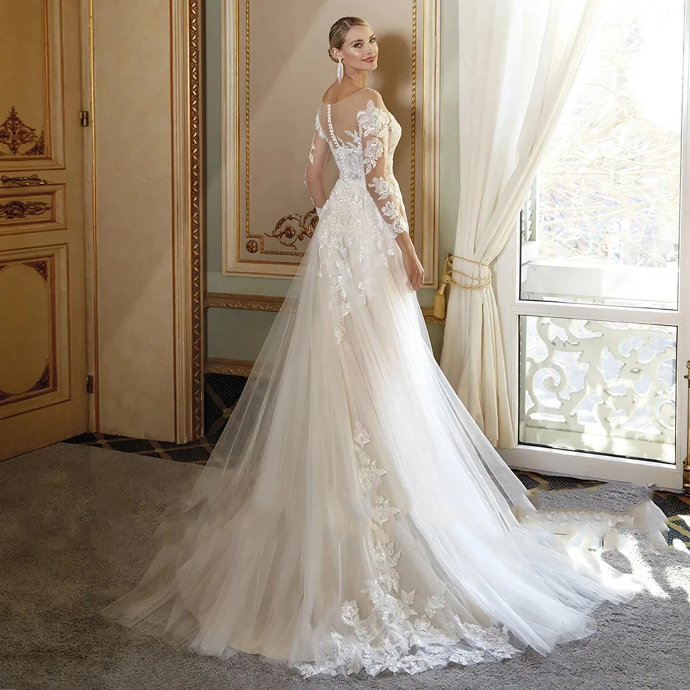 A Line Wedding Dresses with Soft Tulle Summer Full Sleeve Modern Off Shoulder Bridal Gowns Exquisite Vestido De Novia New