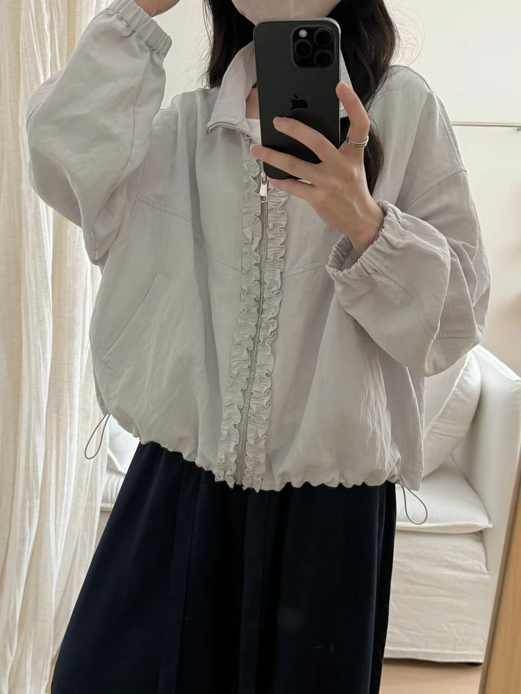 

Корейская повседневная укороченная куртка с рюшами на воротнике, женская, свободного кроя, универсальный дизайн, защита от солнца, весна 2026