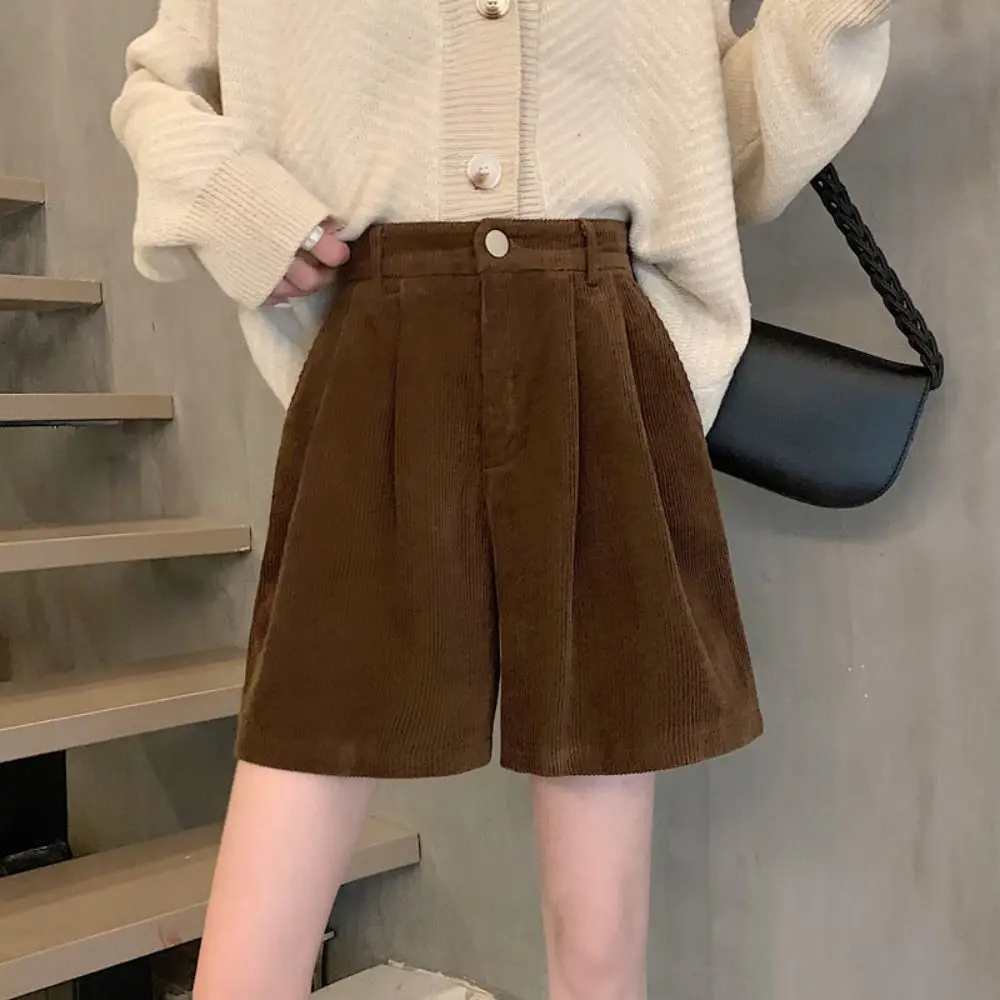 Simple High Waist Women Corduroy Shorts Elastic Two Pockets Wide Leg Short Pants Large Size Stripe Loose Streetwear Girl