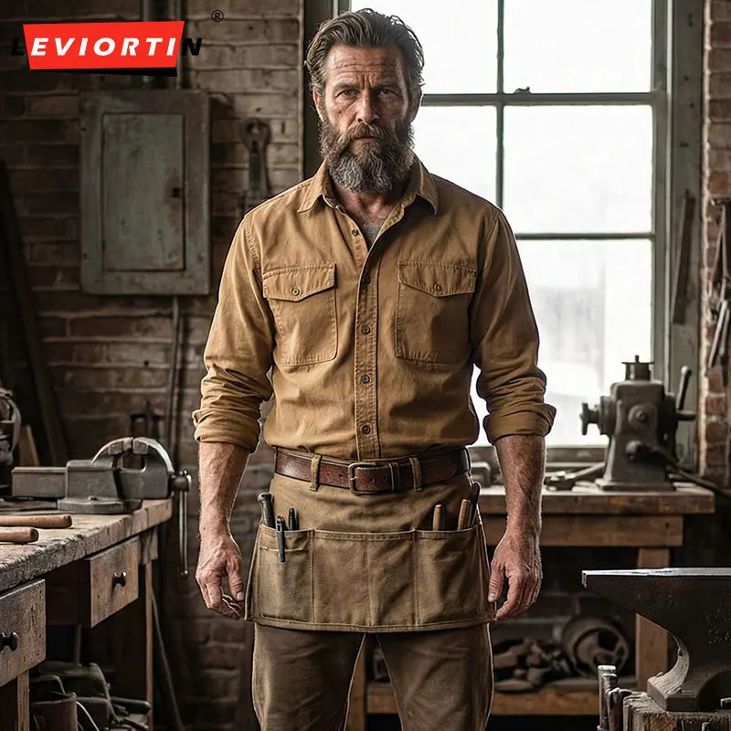 Men's Amekaji Japanese Retro Workwear Shirt Safari Style Canvas Cotton Long Sleeve Loose Fit Casual Shirts with Big Pockets