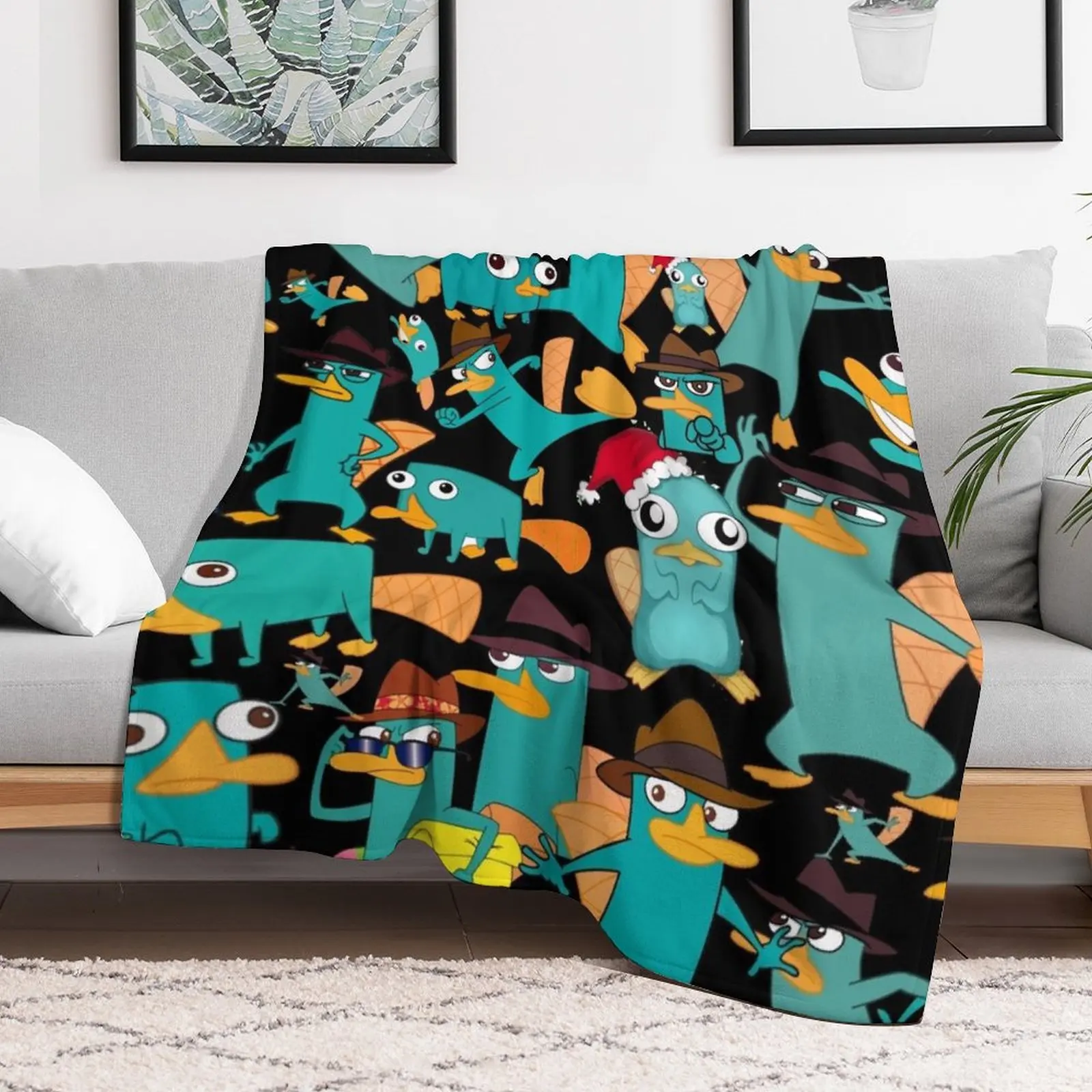 Perry the Platypus Phineas and Ferb Collage Pattern Design - Black Background Throw Blanket Sofa heavy to sleep Blankets