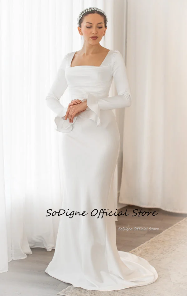 SoDigne Mermaid Satin Wedding Dresses Square Collar Full Sleeves Bridal Dress Long Wedding Gown Customized Robe De Mairee