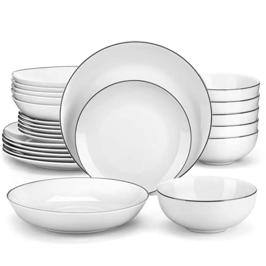 Juego de Vajilla de Porcelana Gourmet de 24 Piezas, Moderno, Blanco con Borde Negro para 6 Personas - Platos y Tazones Redondos Premium para Postre