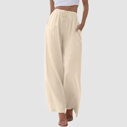 2024 Vintage Linen Elastic Waist Wide Leg Pants Women Long Trousers Summer Solid Color Casual Loose Pants Female Boho Clothes