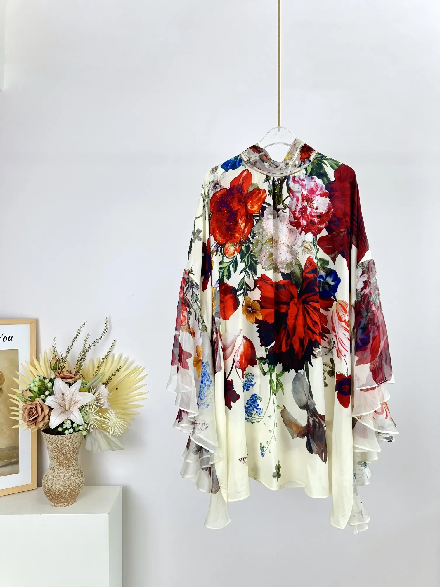 Women 2-Colors Silk Mini Dress Floral Printed Beaded Lace-up Stand Collar Long Sleeve Elegant Autumn 2024 Short Robe