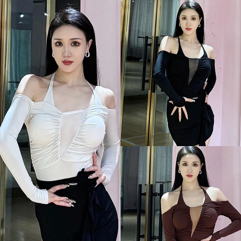 

Long Sleeved Hanging Neck Shirts Latin Dance Tops For Women Chacha Rumba Tango Practice Clothes Female Latin Clothes DQS14475