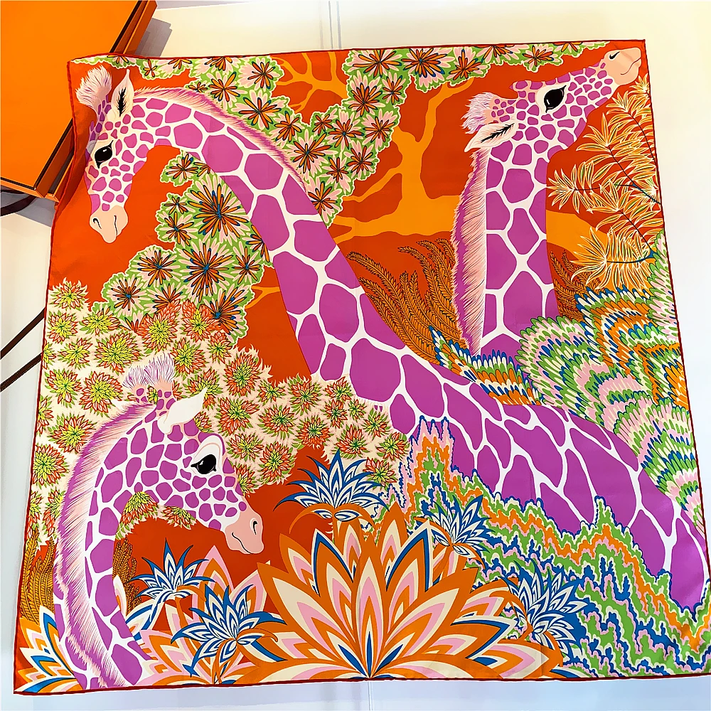 

2024 Manual Hand Rolled Twill Silk Scarf Women Three Giraffes Square Scarves Echarpes Foulards Femme Wrap Bandana Hijab 90CM