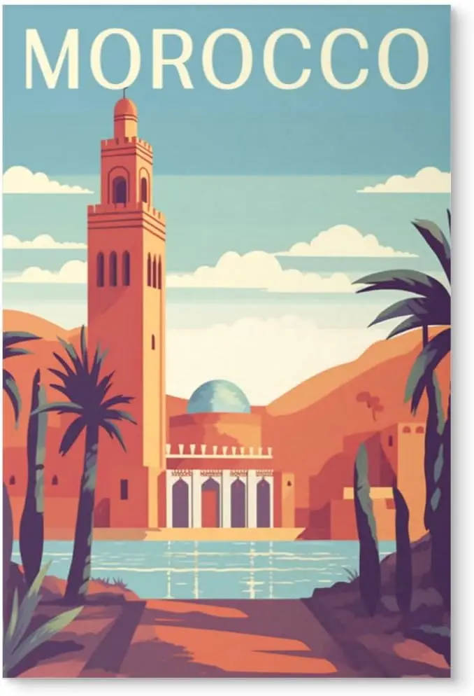 Feixophs Travel Scenery Tin Signs Morocco Mosque Wall Art Airline Art Poster Funny Sign Home Kitchen Office Bedroom Cafe Wa sign
