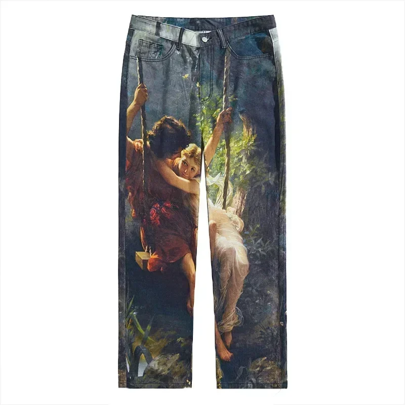 Pop European And American Street Men's Fashionable 3D Digital Pattern Printed, Ink-splashed And Tie-dyed Straight-leg Jeans.