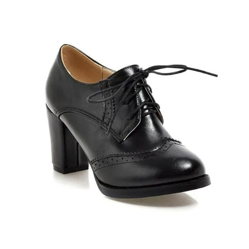 Women's Pump Vintage Brogue Shoes Chunky Heel Cut Out Oxford Shoes Woman Lace Up Leather Shoes Fashion Ladies Short Boots 32-43