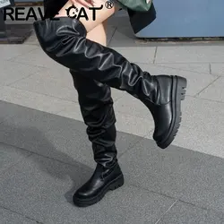 REAVE CAT Women Thigh Boots 56cm Round Toe Wedges Heels 5cm Platform Slip On Size 40 41 42 43 Leisure Daily Knight Booties