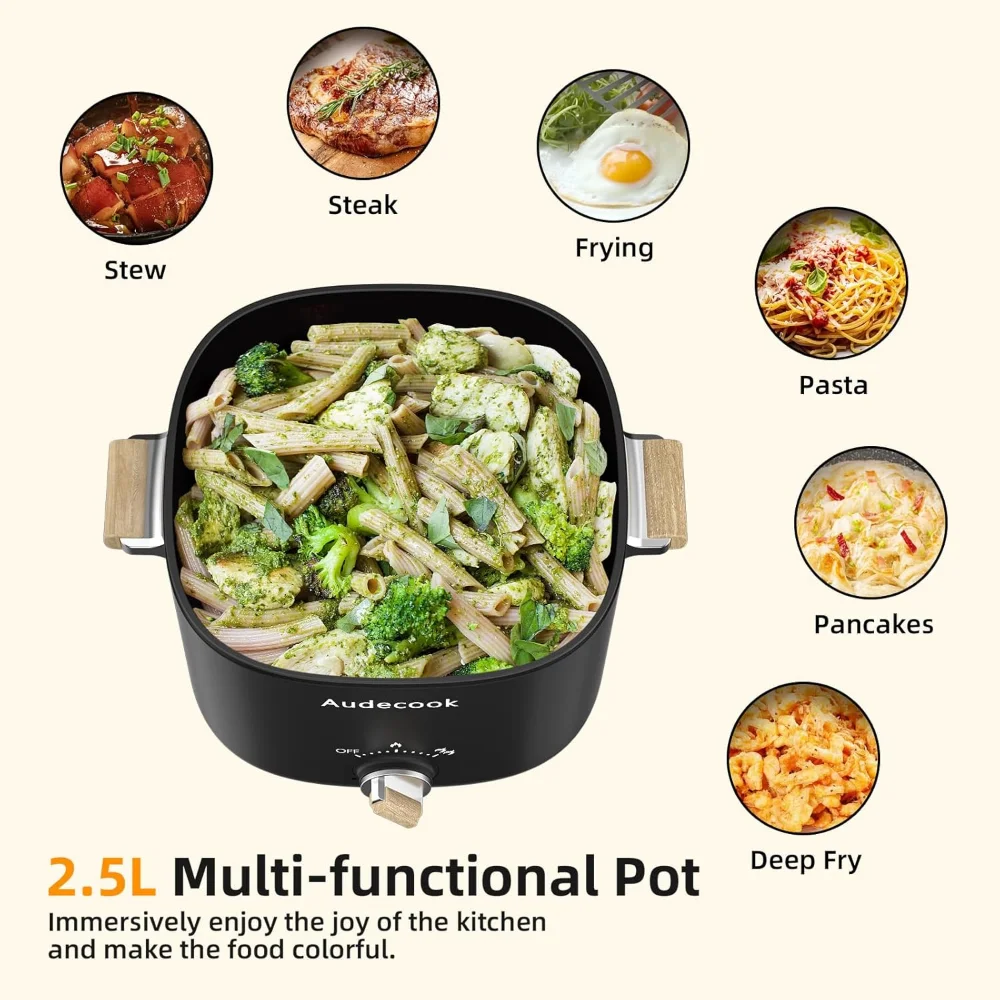 Multicooker antiaderente portátil de 2,5L para 1-3 pessoas, frigideira elétrica de viagem com textura de favo de mel com temperatura de energia dupla