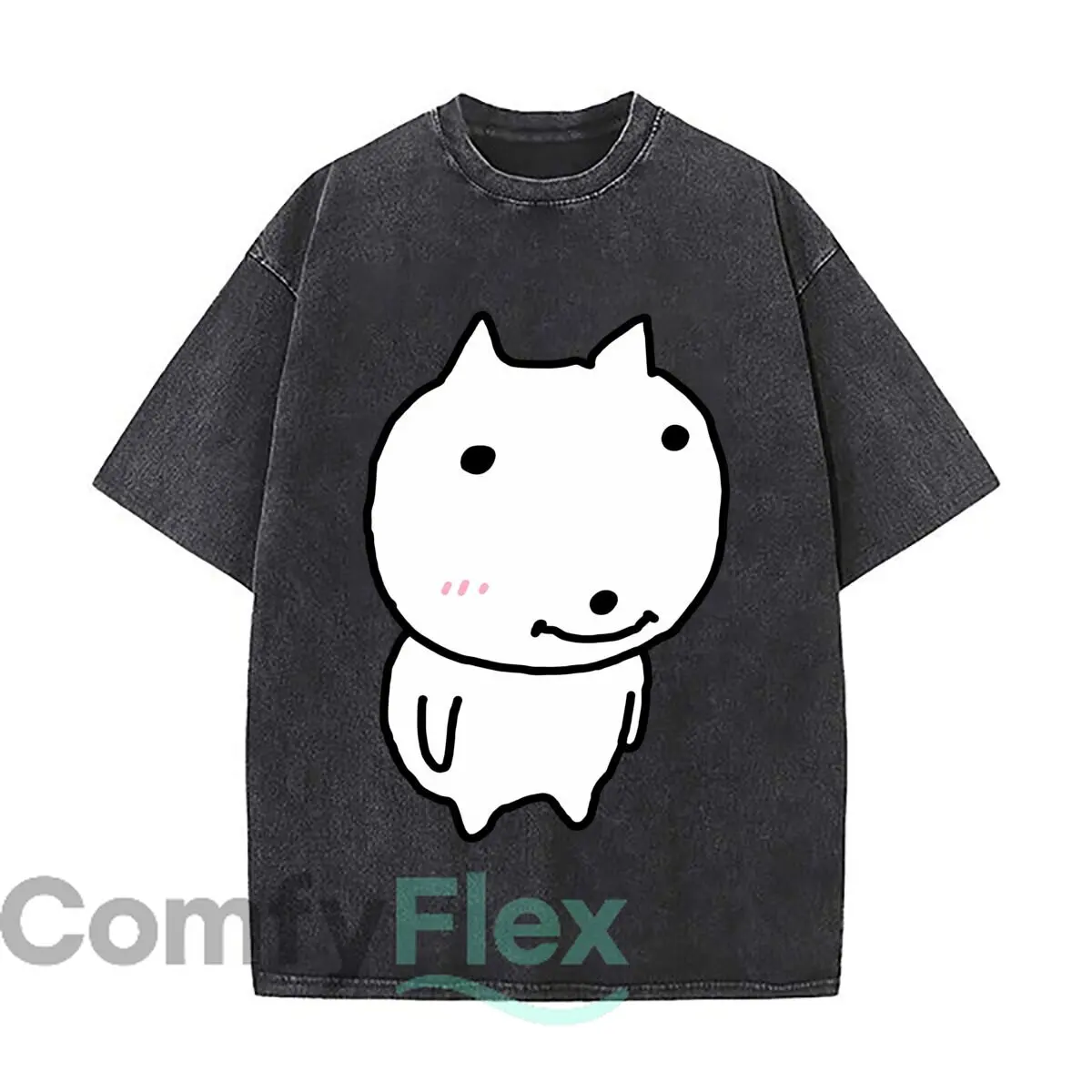Cute Minimalist Cat Face Blush Smiling Cartoon Illustration Distressed Vintage Oversized Streetwear Tops for Coffee Dates