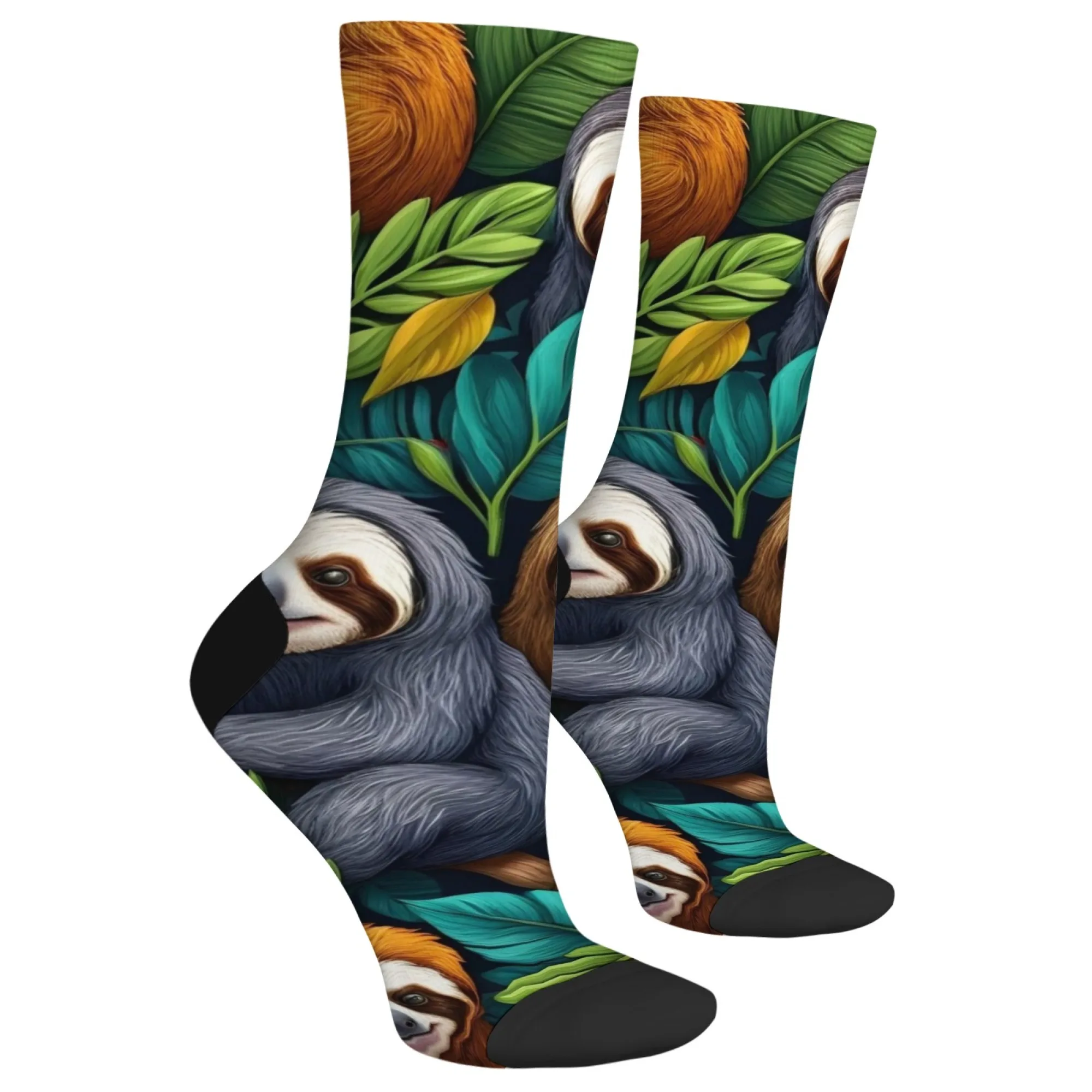 Cute Cartoon Sloth Art Crew Socks Multi-Sloth & Tropical Plant Pattern Soft Warm for Sloth Lovers & Kawaii Animal Enthusiasts