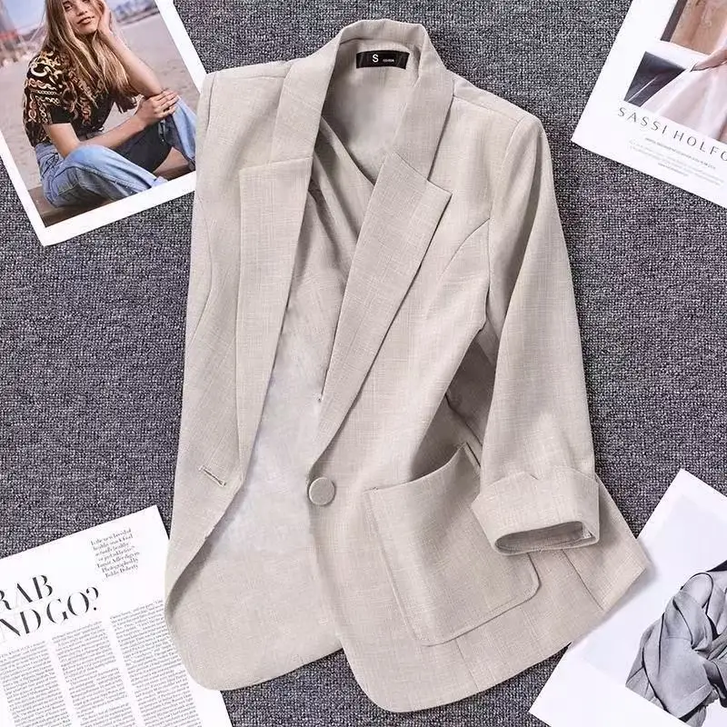 

Fashion Linen Suit Coat Women's Blazer Summer Autumn Thin Korean High-end Casual Short Suit Woman Temperament Suit Jacket Top