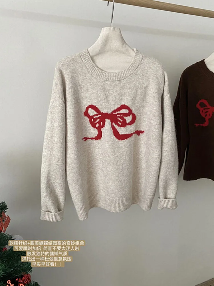 Sweet Knitted Sweater Women Oversized Bow Embroidery Pullover Korean Fashion Casual Jumper All-Match Autumn Winter High Street