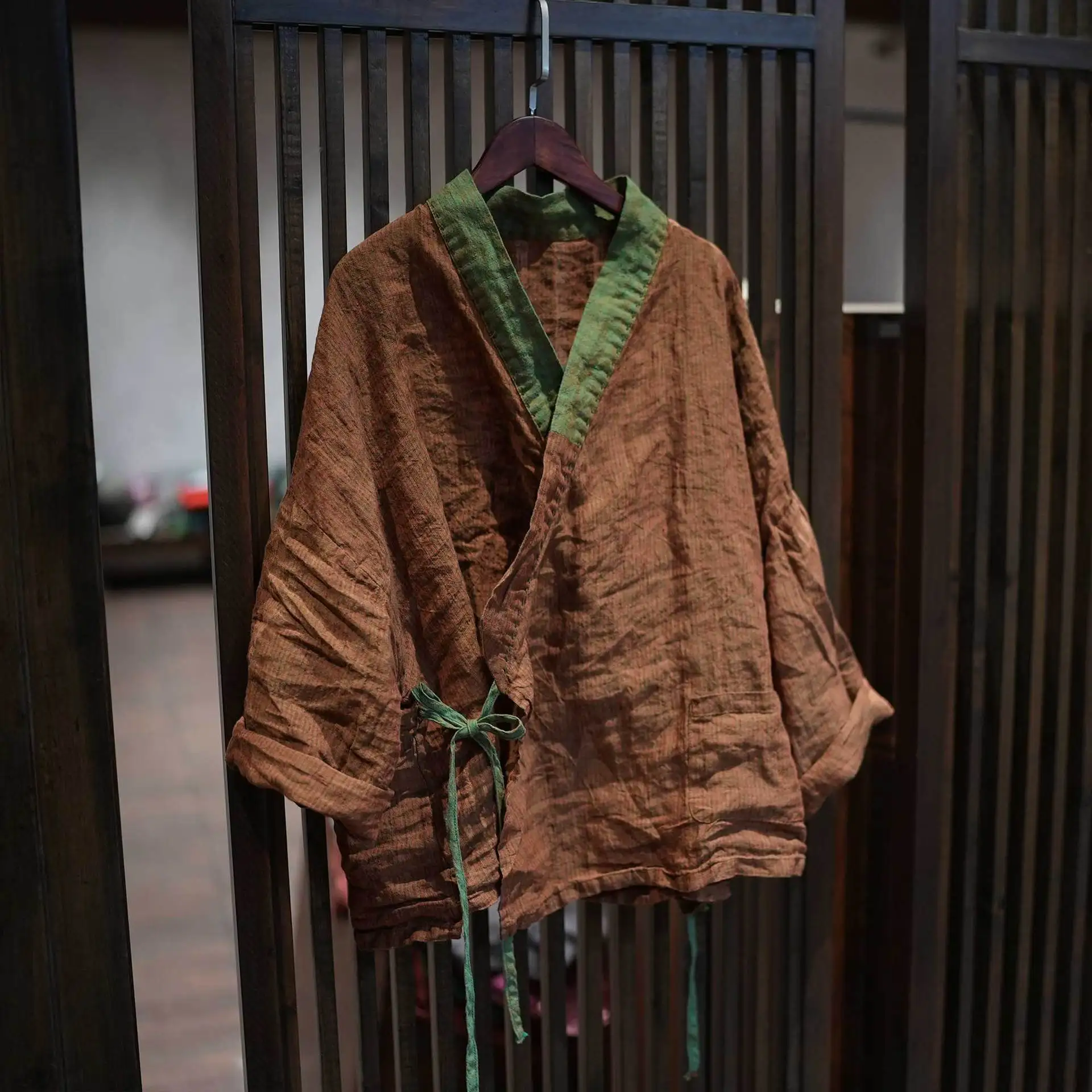 

Женская льняная рубашка свободного кроя с традиционным китайским воротником, цветными ткаными полосками, дышащая, комфортная, с длинным рукавом