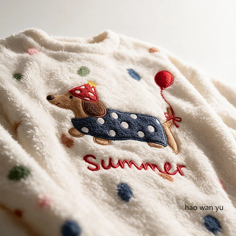 Autumn and Winter Pajamas Flannel Thick Warm Women's Sweet Cartoon Long Sleeved Pullover Home Clothes Coral Fleece Sleepwear