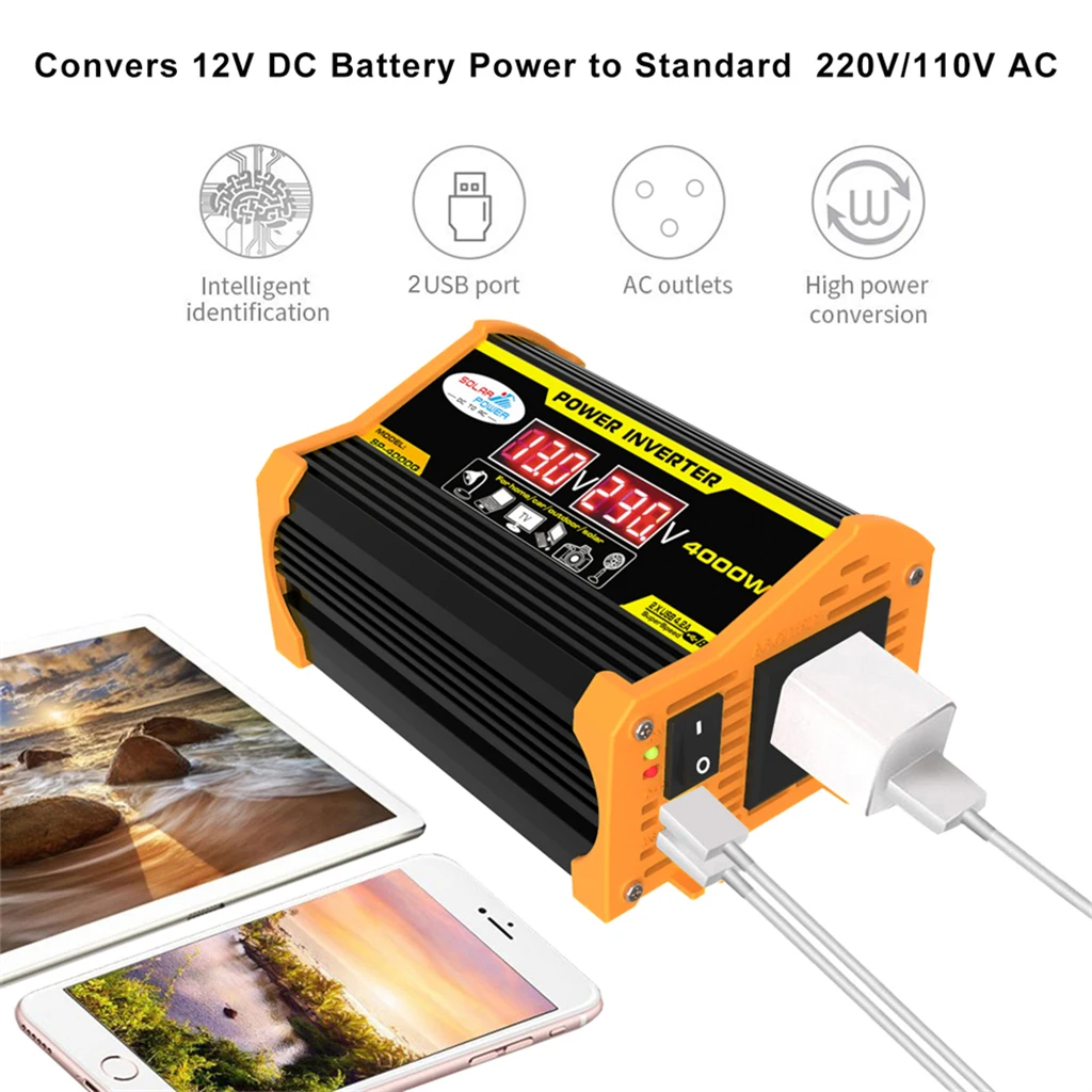 محولات طاقة السيارة العاكس المحمولة DC12Volt إلى AC110/220 فولت محول 4000 واط تعديل SineWave العاكس USB محولات السيارات