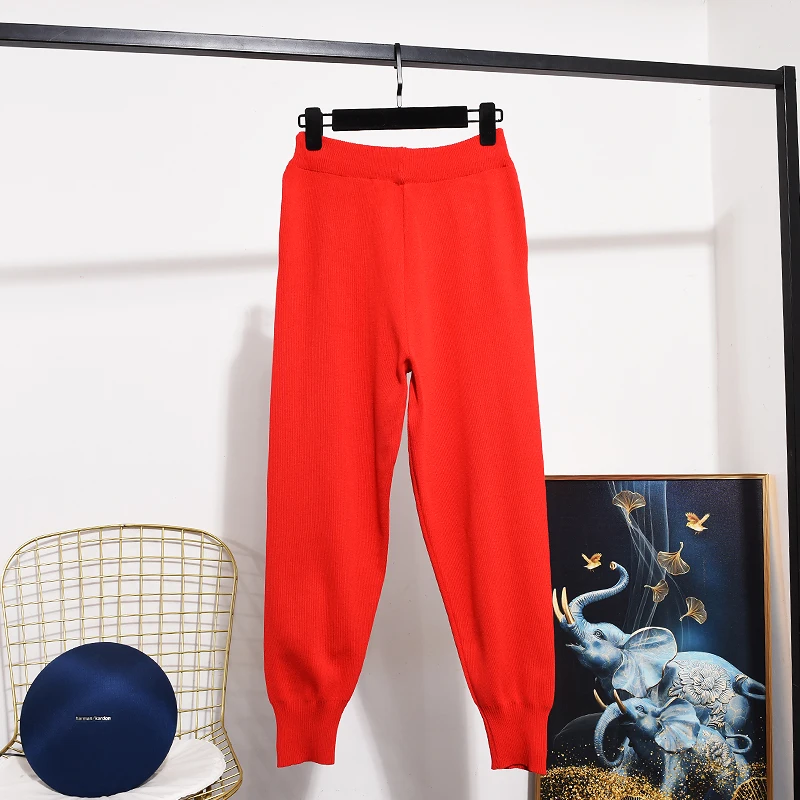 Red Knitted Two-piece Sets for Women Autumn Cartoon Hot Driilling Loose Pullover Top Casual Sweaters + Sports Harem Pants Suits