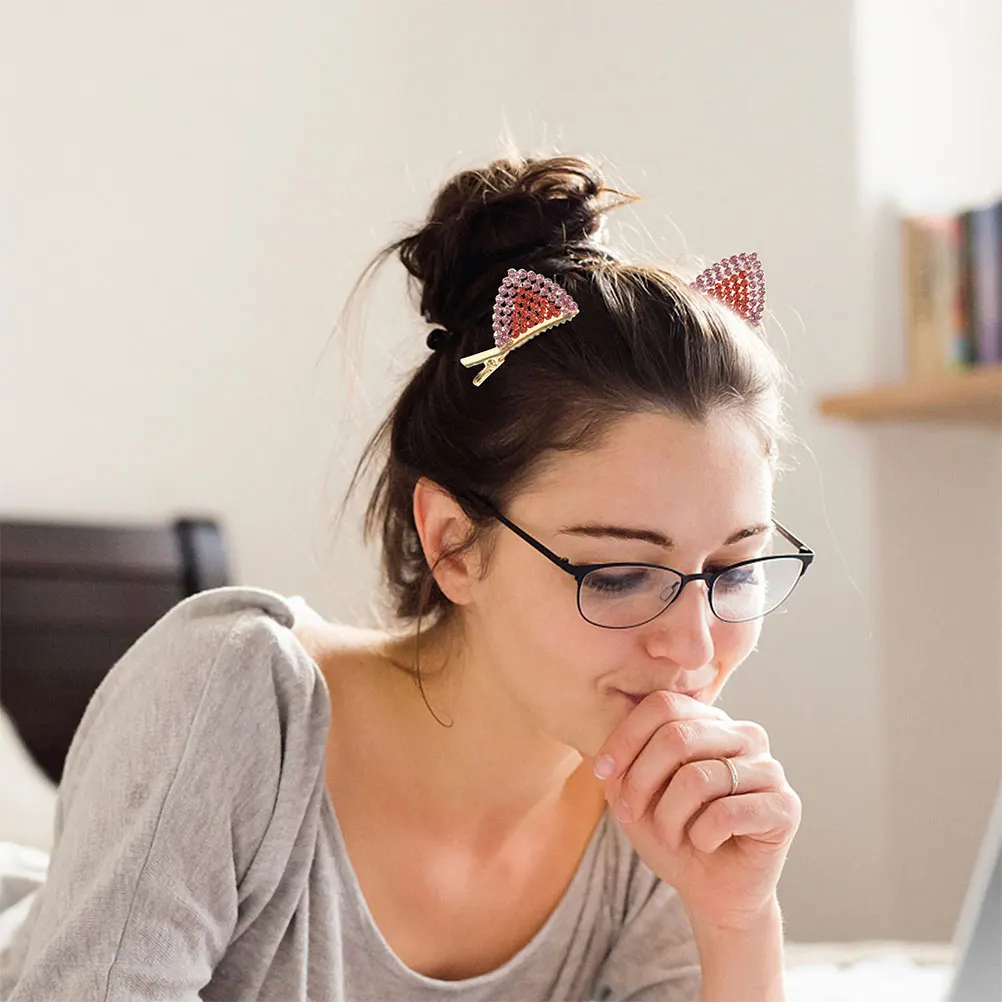 

2Pcs Shining Cat Ears Hair Barrettes Rhinestone Alligator Clips Secure Comfortable Cute Animal Headpiece Halloween Costume