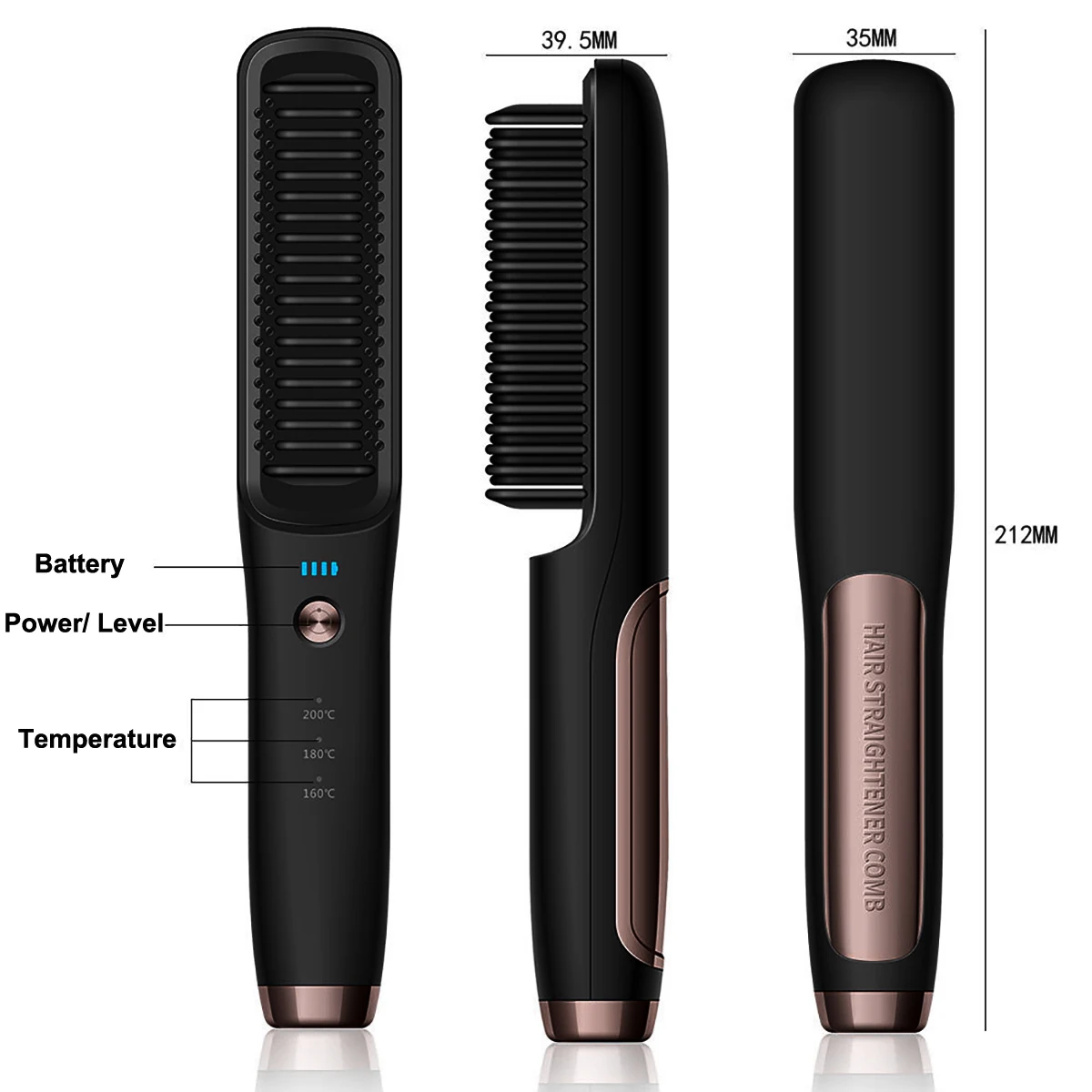 Portable Straightener Curler, 3 Levels Temperature 1H Auto-off Straightening Tool TypeC USB C Travel Hot Brush Straight Brush