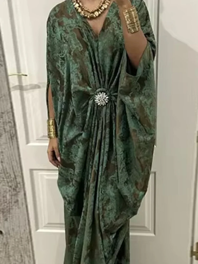 

Элегантное вечернее платье с принтом 2026: повседневное свободное длинное платье с рукавами «летучая мышь», женское сексуальное макси-платье с V-образным вырезом и драпировкой