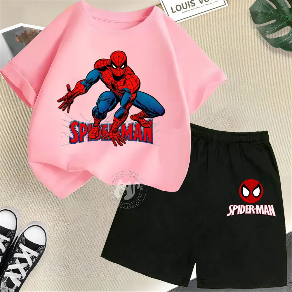 Summer superhero Spider Man printed children's short sleeved 100% cotton T-shirt+shorts for boys and girls fashion casual set