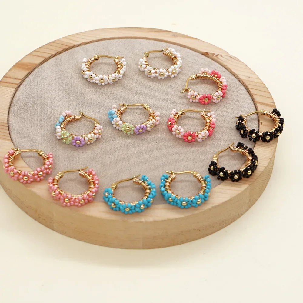 

Rice bead earrings Large circles Flower Fashion minimalist personalized Hand-woven Bohemian Alloy Women Beaded Earrings