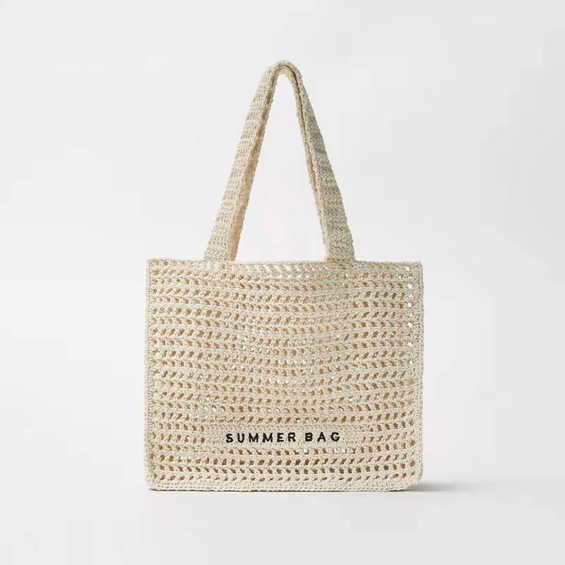 Openwork Crochet Weaving Handbags Female Fashion Simple Straw Tote Bag Women Summer Casual Seaside Shoulder Bag Bali Large Purse