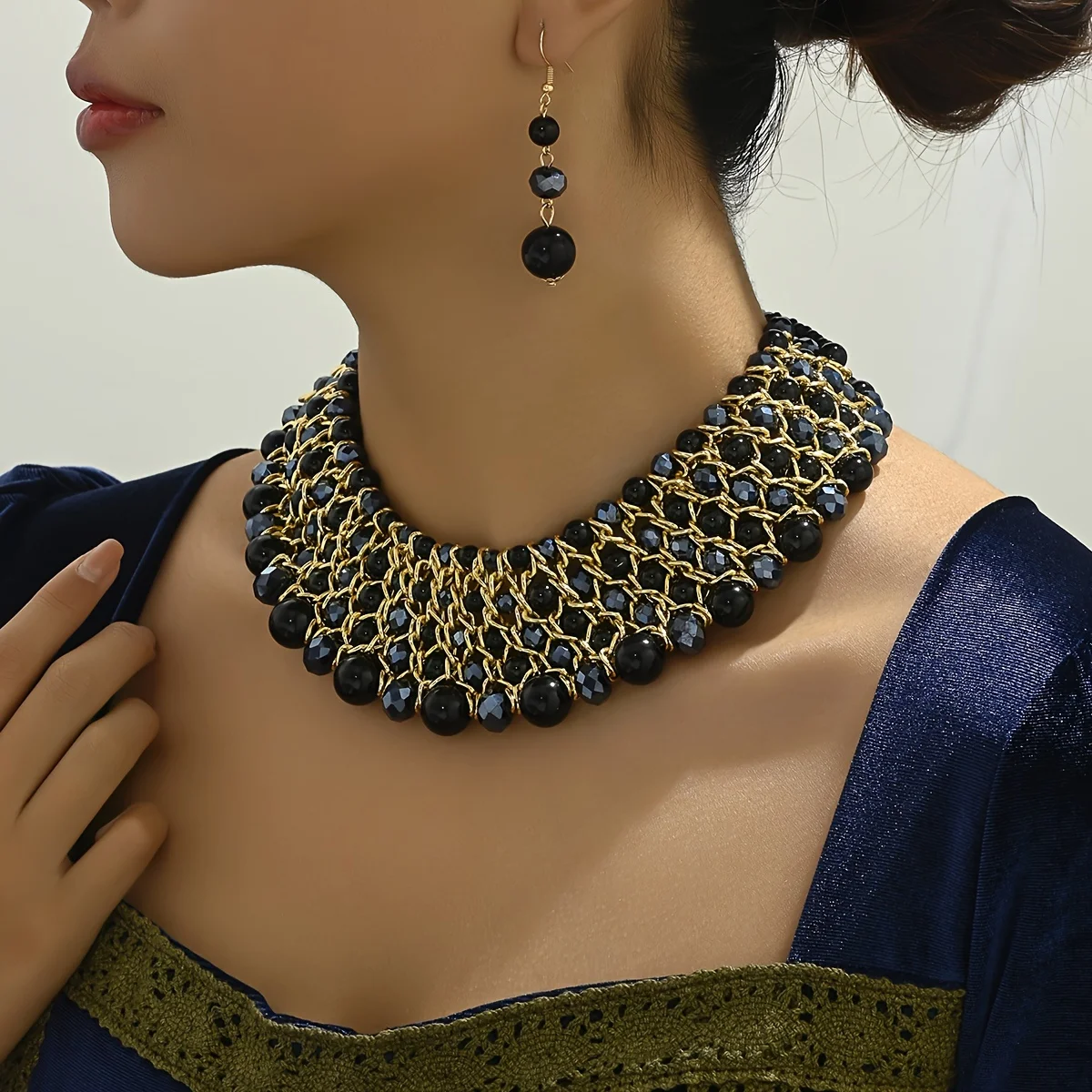 Boho style handcrafted 5-row beaded personality Necklace and earring set - elegant woven jewelry with black beads for ladies