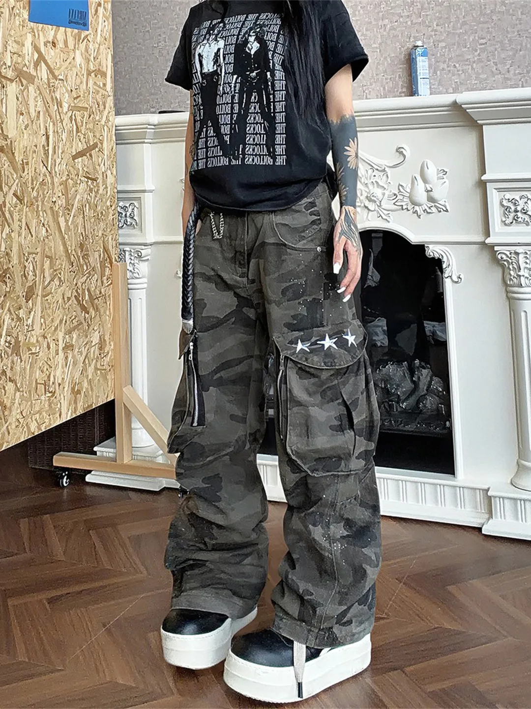 Retro Camouflage Washed Loose Straight Leg Men's Workwear Jeans Spring Autumn American High Street Multi-Pocket Long Trousers