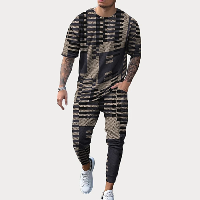 Men\'s T-shirt Long Pants Tracksuit Stripes Geometry 3D Print T Shirts Trousers Set 2 Pieces Streetwear Oversized Suit Sportswear