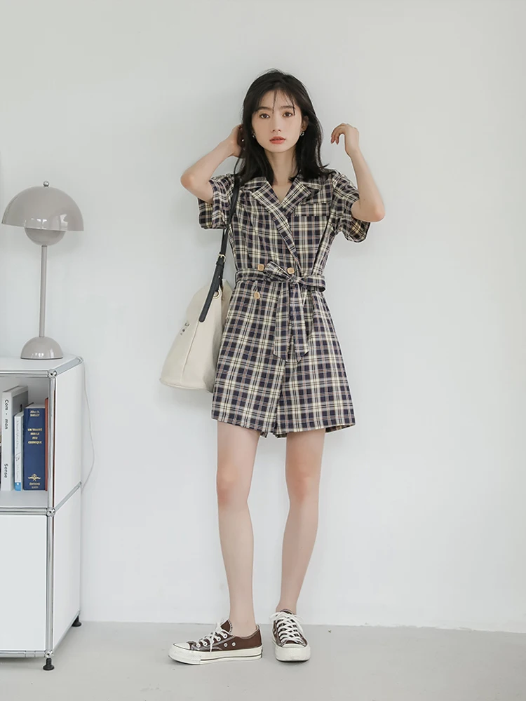 Vintage Baggy Playsuits Women Summer High Waist Plaid Jumpsuit Shorts Suits with Sashes 2022 New