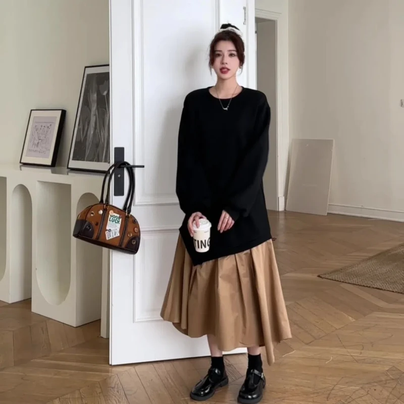 

2024 Autumn Winter Women Thick Dresses Loose Asymmetrical Dress Platchwork Black Lady Vestidos Plus Size Female Robe KE57028