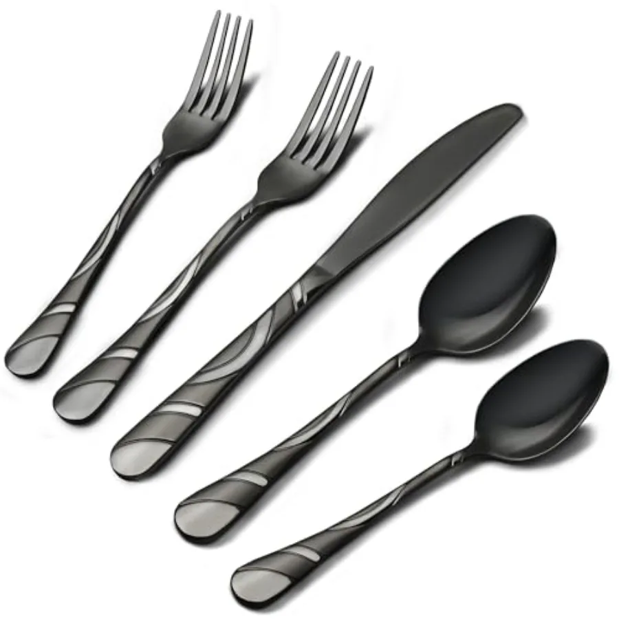 

Black Silverware Set for 12 18/0 Stainless Steel Frosted Mirror Finish 60-Piece Flatware Set Modern Cutlery Set for Wedding Res