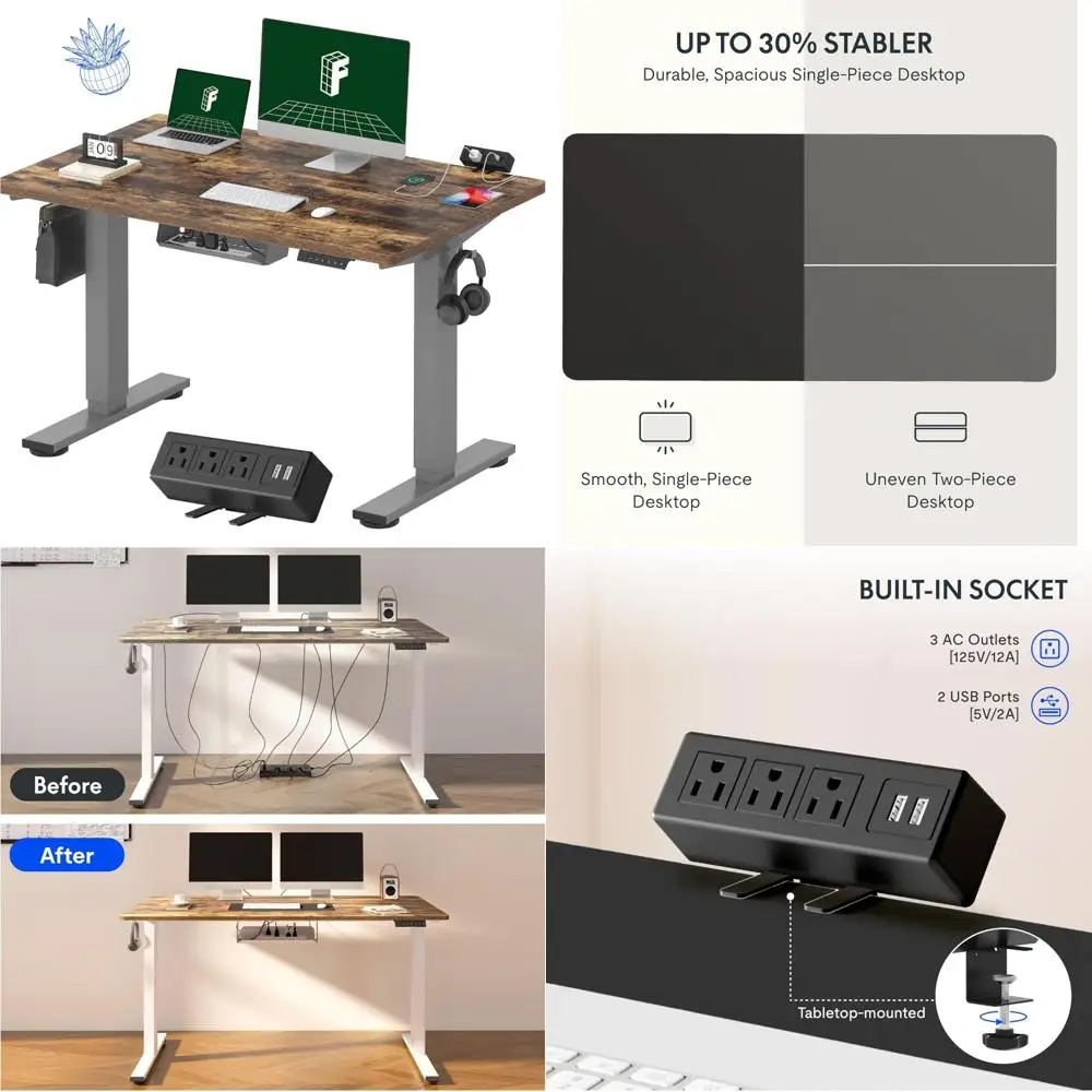Electric Height Adjustable Desk 48x30, Standing Desk with Clamp Power Strip and Cable Management for Ergonomic Workspace