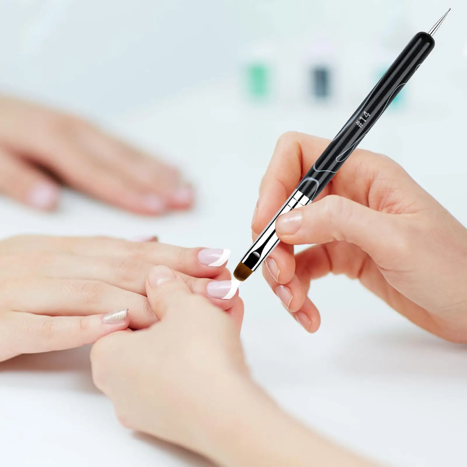 Doppelseitiger French-Manicure-Pinsel mit Wellengriff und Halbkreis-Spitze für Gel-Anwendung, Kantenbearbeitung, Formgebung und Punktierung - Maniküre-Werkzeuge – Detail 6