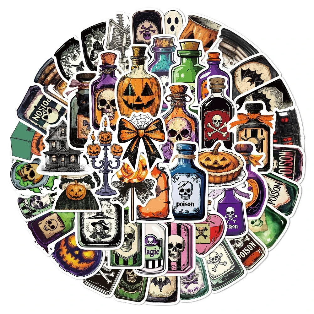 

10/30/50pcs Halloween Gothic Potion Bottle Stickers Cool Cartoon Skull Sticker Motorcycle Phone Luggage Car Graffiti Decals Pack